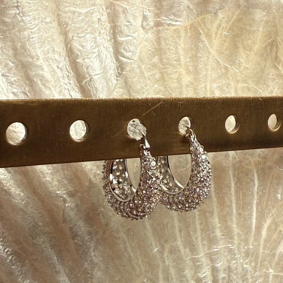 Silver Sparkling Hoop Earrings with Pavé Crystals - Picture 4 of 5